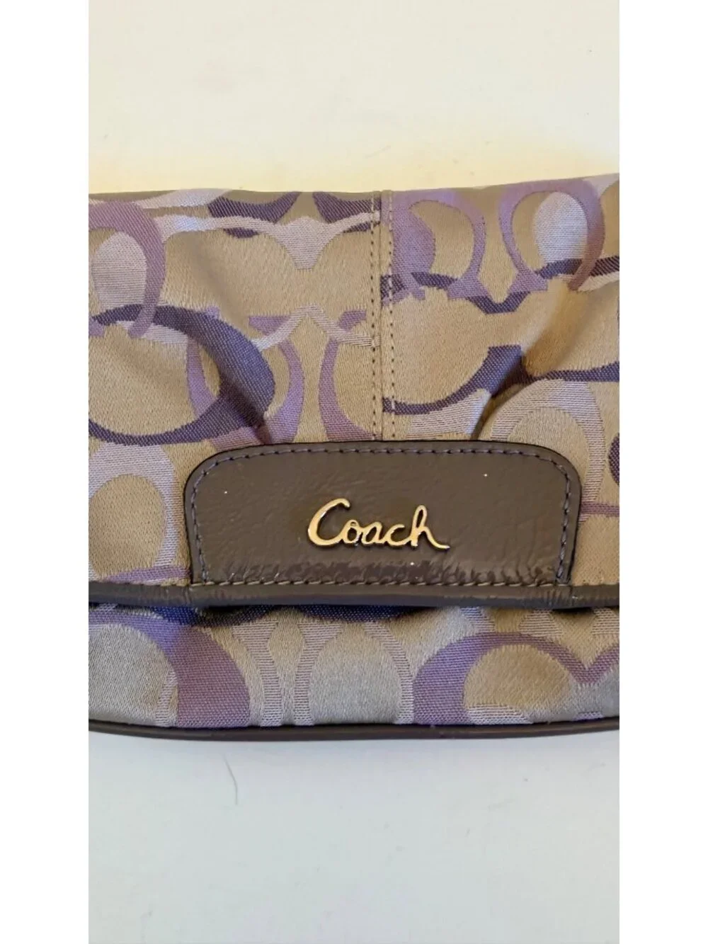 Coach Large Flap Wristlet Clutch Beige & Purple Signature C Logo Pattern